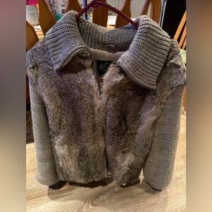 Niki Women's Large Vintage Dyed Rabbit Fur and Knit Jacket Full Zip Gray Brown